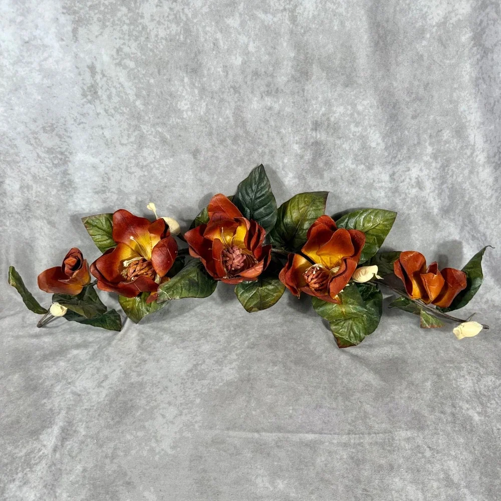Vtg Faux Magnolia Garland Artificial Autumn Flower Swag Rustic Fall Decor 30